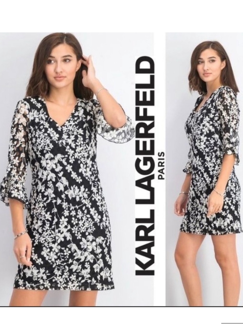 KARL LAGERFELD Paris Black & White Carys Floral Print Flare Sleeve Dress 6